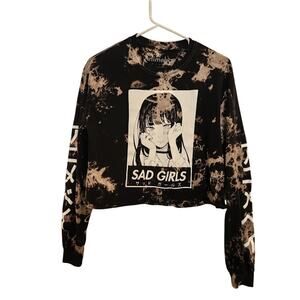 Animebae Sad Girls Black Tan Bleach Tie Dye Graphic Tee Crop Long Sleeve Medium